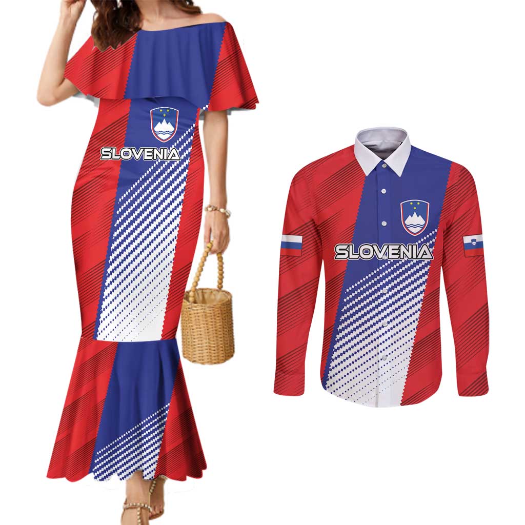 Custom Slovenia Football 2024 Go Champion Couples Matching Mermaid Dress and Long Sleeve Button Shirt