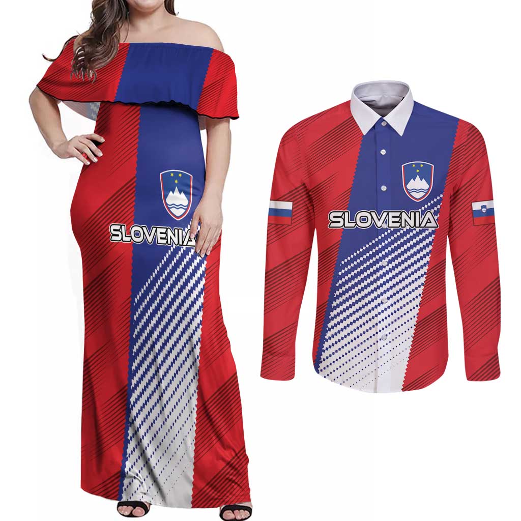 Custom Slovenia Football 2024 Go Champion Couples Matching Off Shoulder Maxi Dress and Long Sleeve Button Shirt - Wonder Print Shop