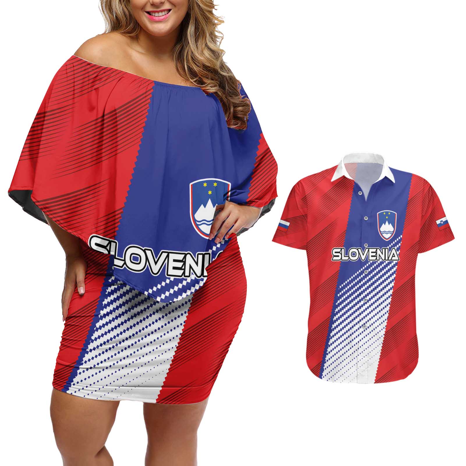 Custom Slovenia Football 2024 Go Champion Couples Matching Off Shoulder Short Dress and Hawaiian Shirt - Wonder Print Shop