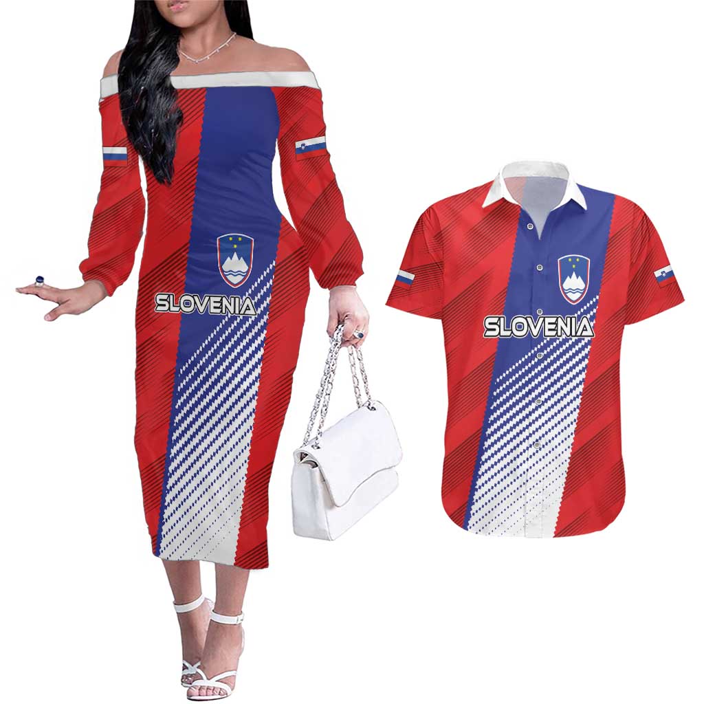 Custom Slovenia Football 2024 Go Champion Couples Matching Off The Shoulder Long Sleeve Dress and Hawaiian Shirt - Wonder Print Shop