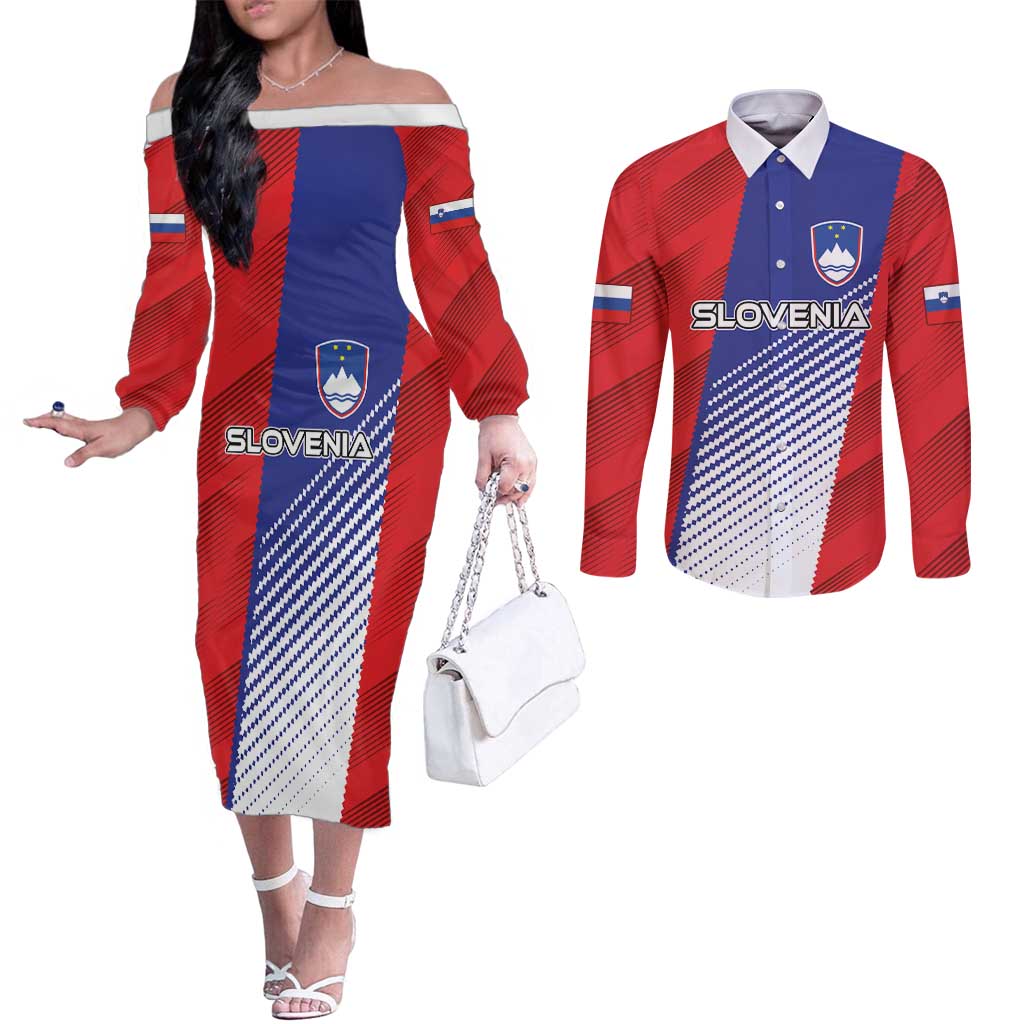 Custom Slovenia Football 2024 Go Champion Couples Matching Off The Shoulder Long Sleeve Dress and Long Sleeve Button Shirt