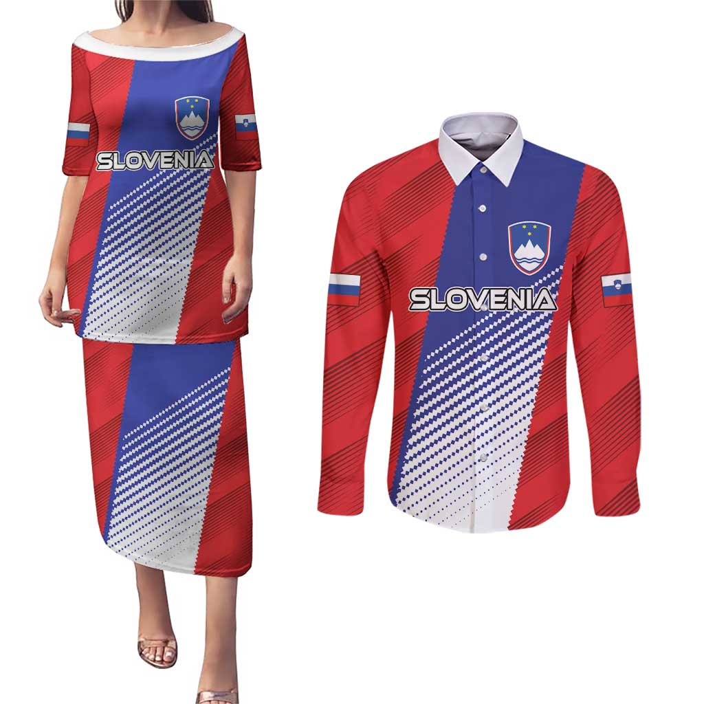 Custom Slovenia Football 2024 Go Champion Couples Matching Puletasi and Long Sleeve Button Shirt - Wonder Print Shop