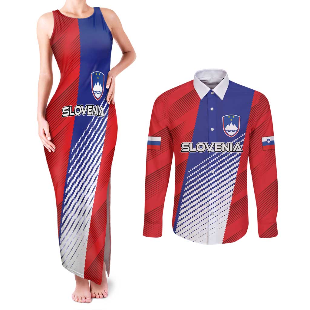 Custom Slovenia Football 2024 Go Champion Couples Matching Tank Maxi Dress and Long Sleeve Button Shirt - Wonder Print Shop