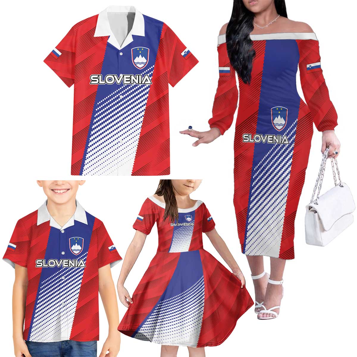 Custom Slovenia Football 2024 Go Champion Family Matching Off The Shoulder Long Sleeve Dress and Hawaiian Shirt - Wonder Print Shop