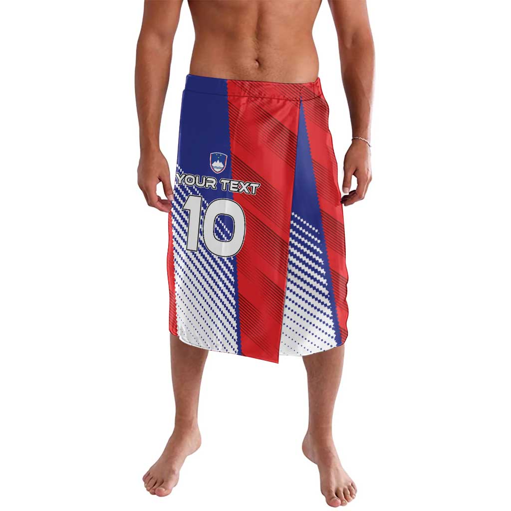 Red, blue and white soccer-style board shorts with printed 'YOUR TEXT 10' front