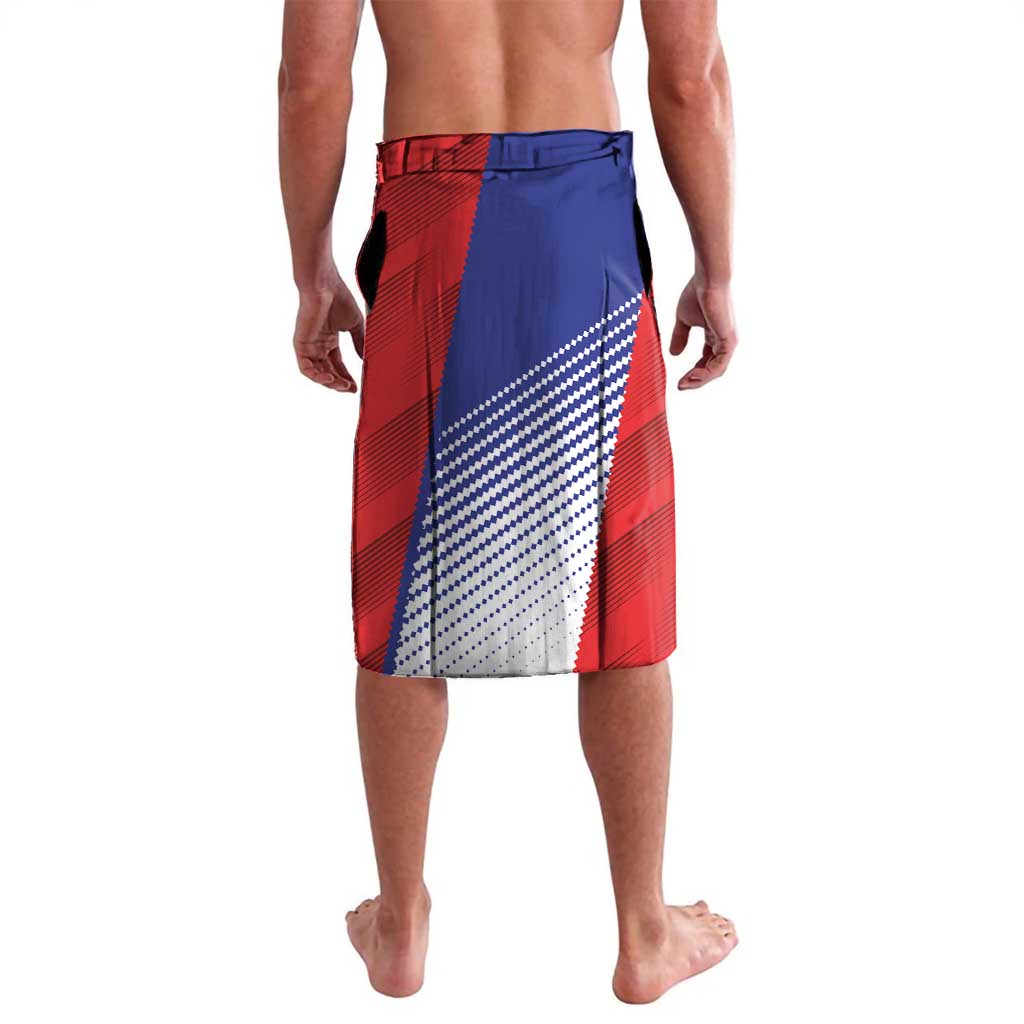 Red, blue and white soccer-style board shorts with elastic waistband and full graphic