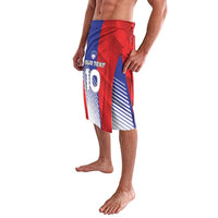 Red, blue and white soccer-style board shorts with side panel graphic, knee-length