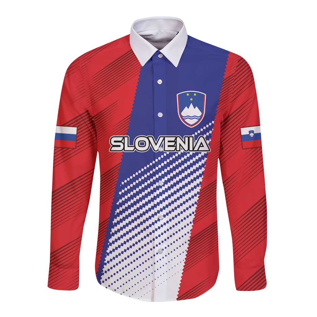 Red long-sleeve button shirt with blue front crest and SLOVENIA lettering