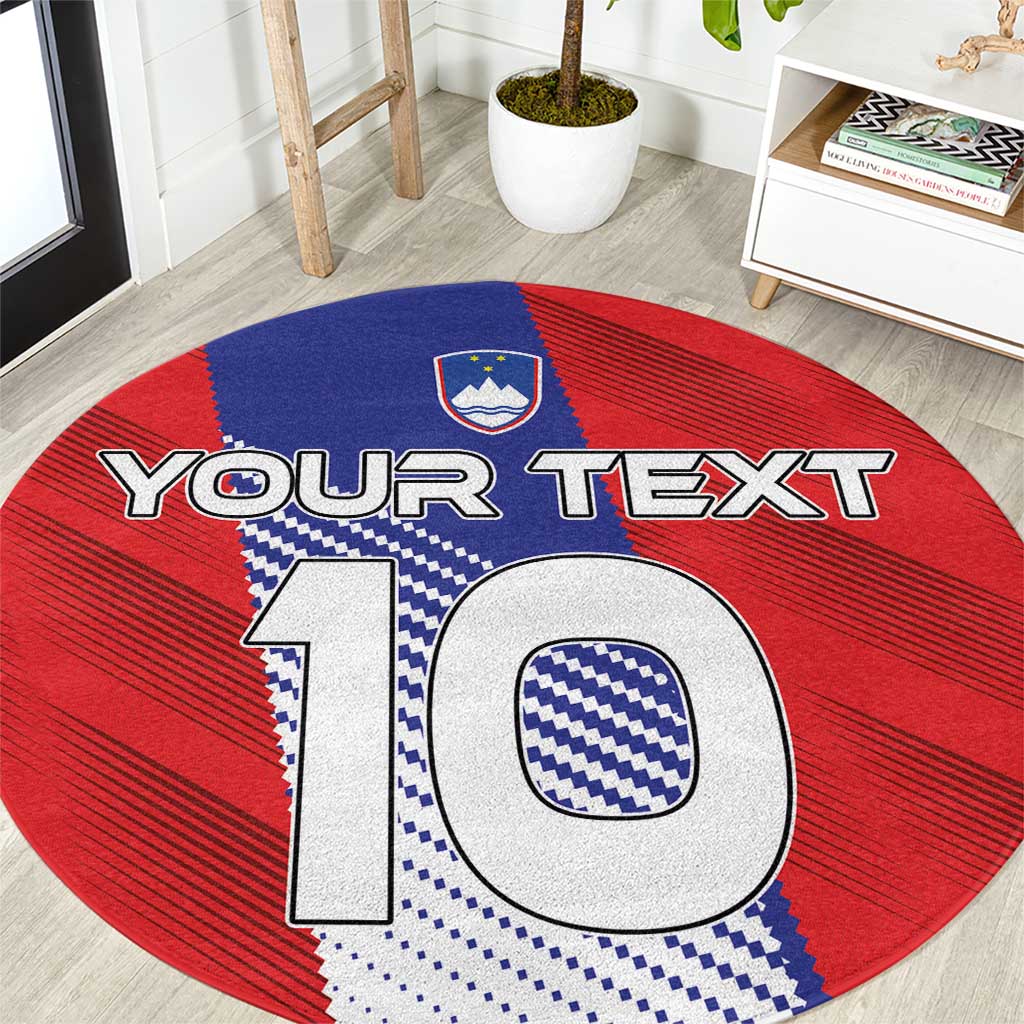 Red round sports rug with blue shield logo and large white 'YOUR TEXT' print