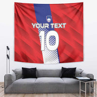 Red football wall tapestry with blue stripe, shield emblem, and large number 10 with custom text.