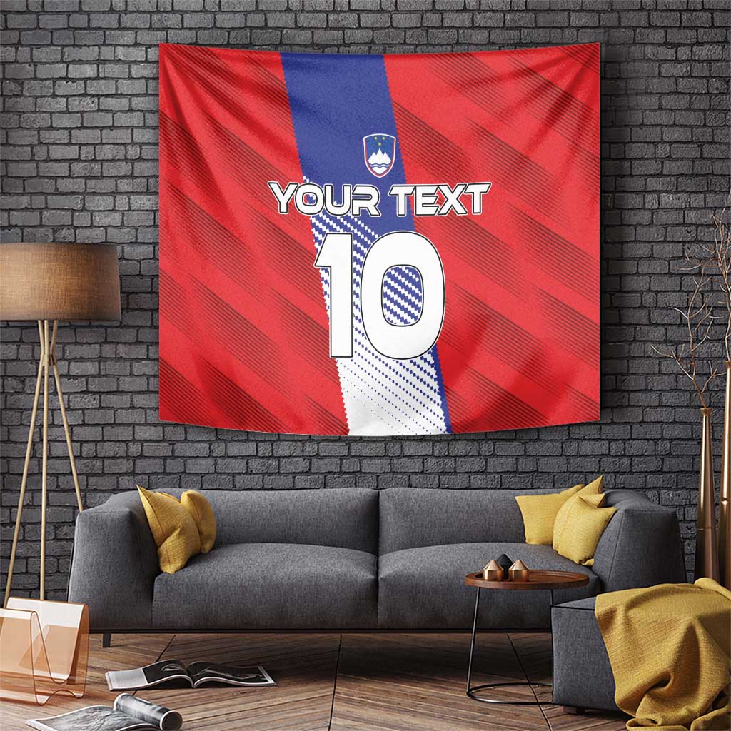 Red football tapestry featuring a blue stripe and shield above large number 10 and custom text.
