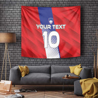 Red football tapestry featuring a blue stripe and shield above large number 10 and custom text.