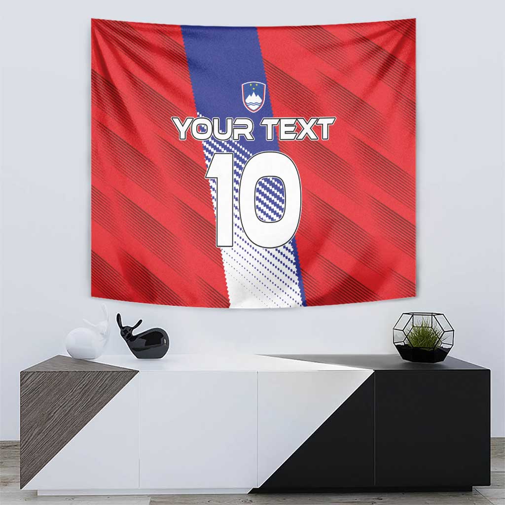 Red football-themed tapestry showing blue stripe, shield emblem, and big number 10 with custom text.