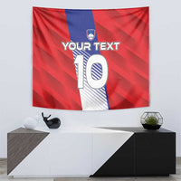 Red football-themed tapestry showing blue stripe, shield emblem, and big number 10 with custom text.