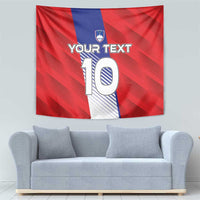 Red wall tapestry with blue stripe and shield above a large number 10, plus custom text.