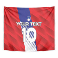 Front-facing red football tapestry with blue stripe, shield emblem, and number 10 with custom text.