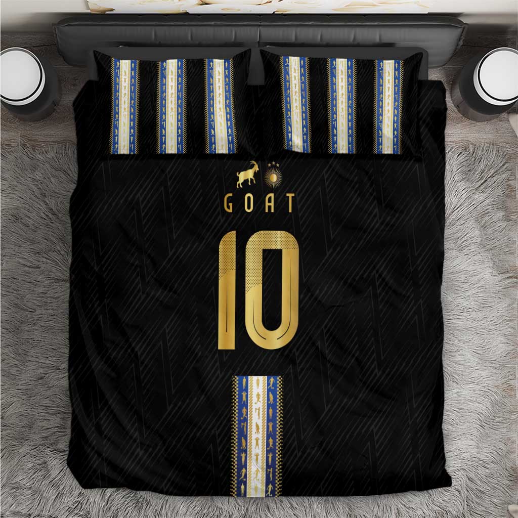 Black Argentina football bedding set with GOAT 10 graphic and blue stripe panels