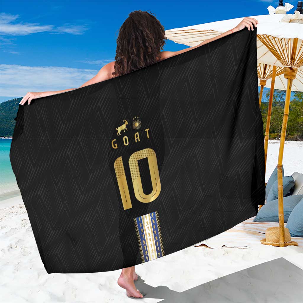 Black GOAT-pride football sarong with gold “10” graphic and vertical striped trim