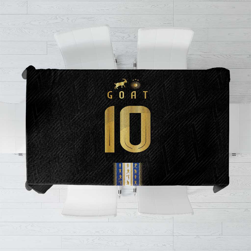 Black football-themed tablecloth with gold “GOAT 10” and blue decorative stripe