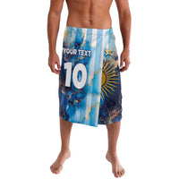 Blue Argentina lavalava with white stripes, gold sun, stars, and '10' front panel