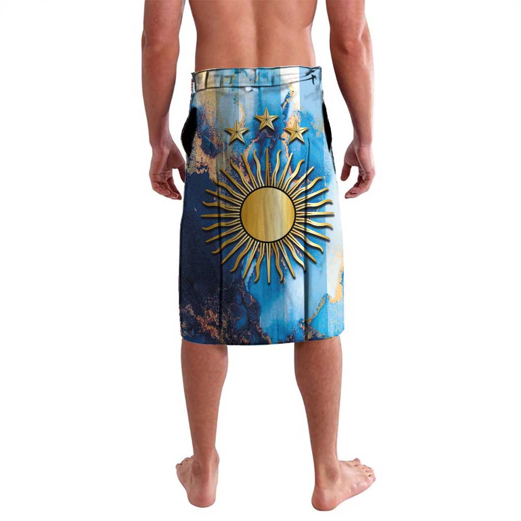 Blue Argentina lavalava with gold sun centerpiece, stars, and vertical white striping