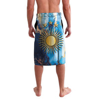 Blue Argentina lavalava with gold sun centerpiece, stars, and vertical white striping
