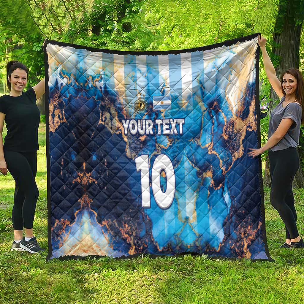 Blue football quilt spread outdoors with Argentina map, 'YOUR TEXT' and '10' print
