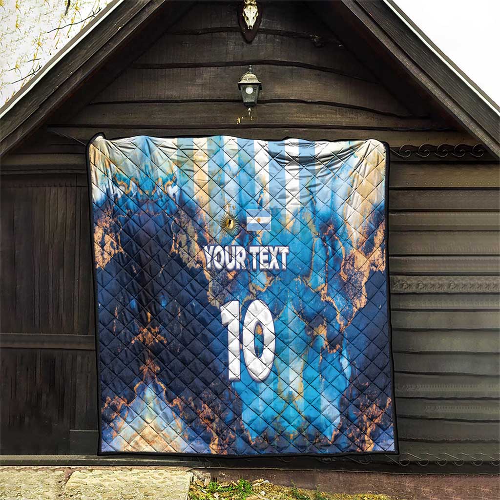 Blue football quilt displayed on outdoor wall with Argentina-style map, 'YOUR TEXT' and '10'