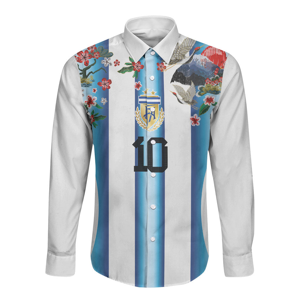 Custom Argentina Football Long Sleeve Button Shirt Blokecore-La Albiceleste with Japanese Culture Embroidery Effect