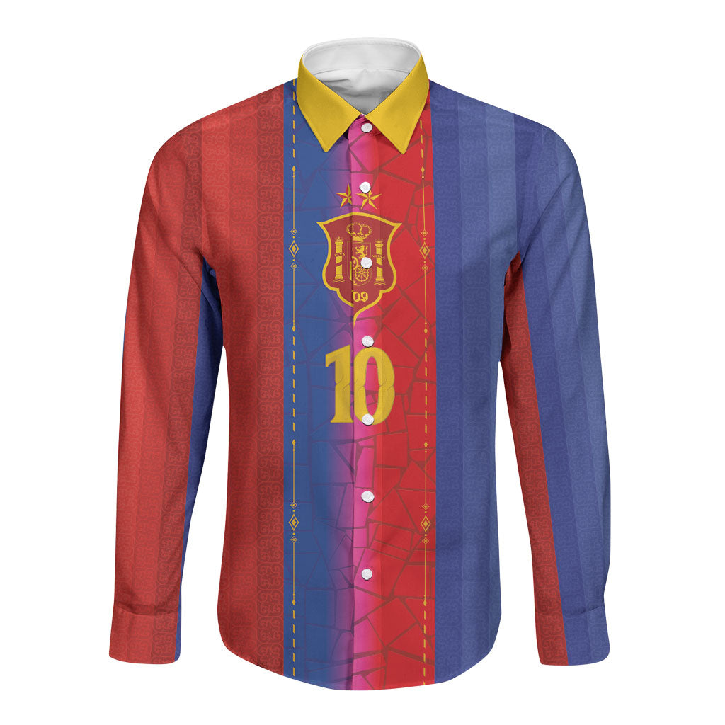 Custom Spain Football Long Sleeve Button Shirt Blaugrana Mosaic-Inspired Barcelona Architecture