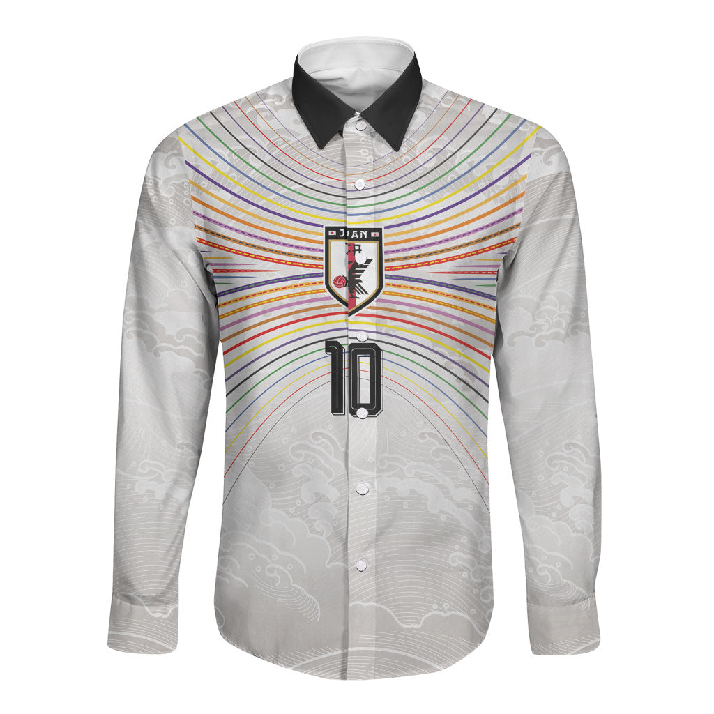 Custom Japan Football Long Sleeve Button Shirt Traditional Japanese Waves Rainbow Sashiko Effect