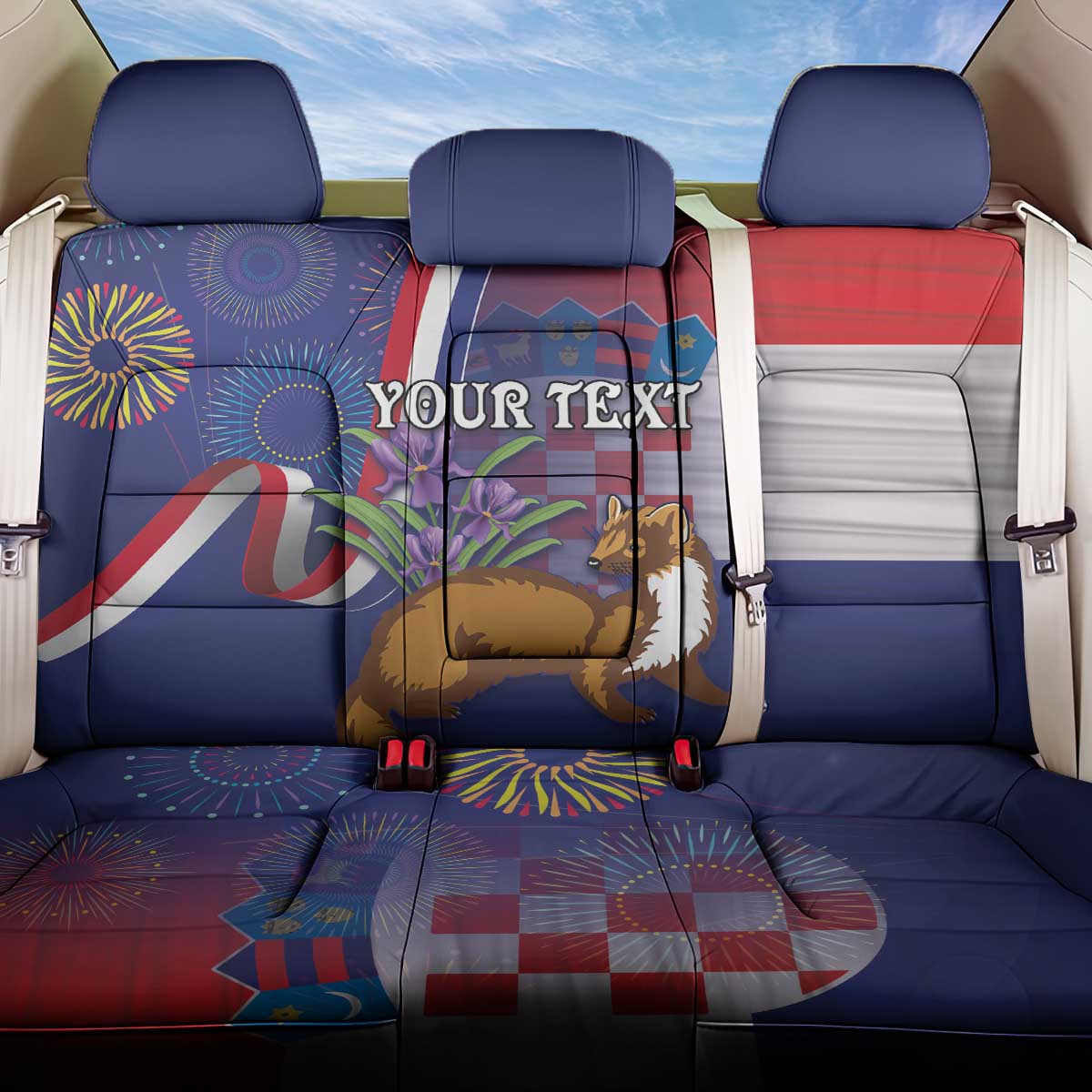 Personalised Croatia Independence Day Back Car Seat Cover Sretan Dan nezavisnosti With Kuna Zlatica and Perunika - Wonder Print Shop