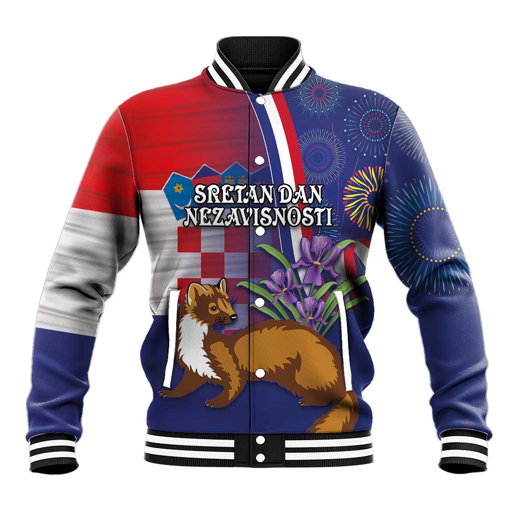 Croatia independence baseball jacket with colorful fireworks and animal graphic, blue red sleeves