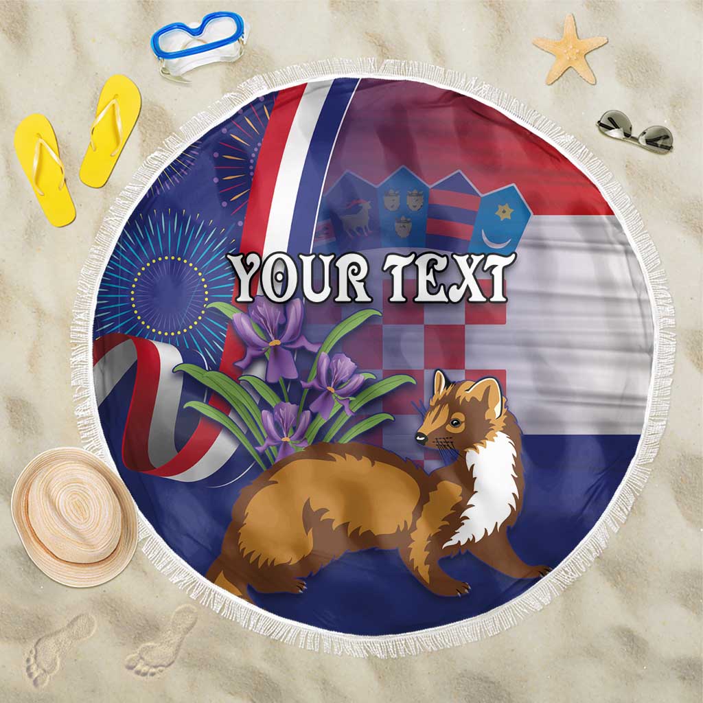 Round beach blanket with fringe, Croatia flag design, dog and purple flowers, Your Text