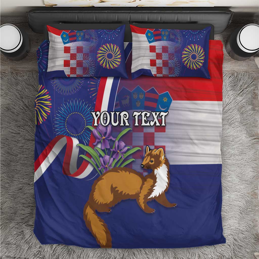 Blue Croatia-themed bedding set with dog graphic, pillows, and customizable “YOUR TEXT”