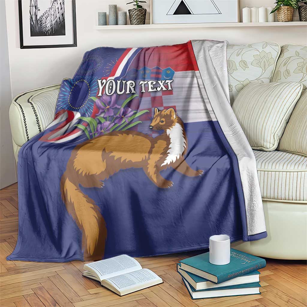 Personalized Croatia independence day blanket, blue red white with dog and floral graphics