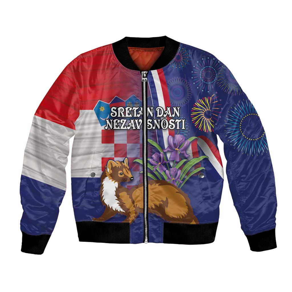 Unisex zip-up bomber jacket with Croatia flag, dog fireworks graphic, ribbed hem and cuffs
