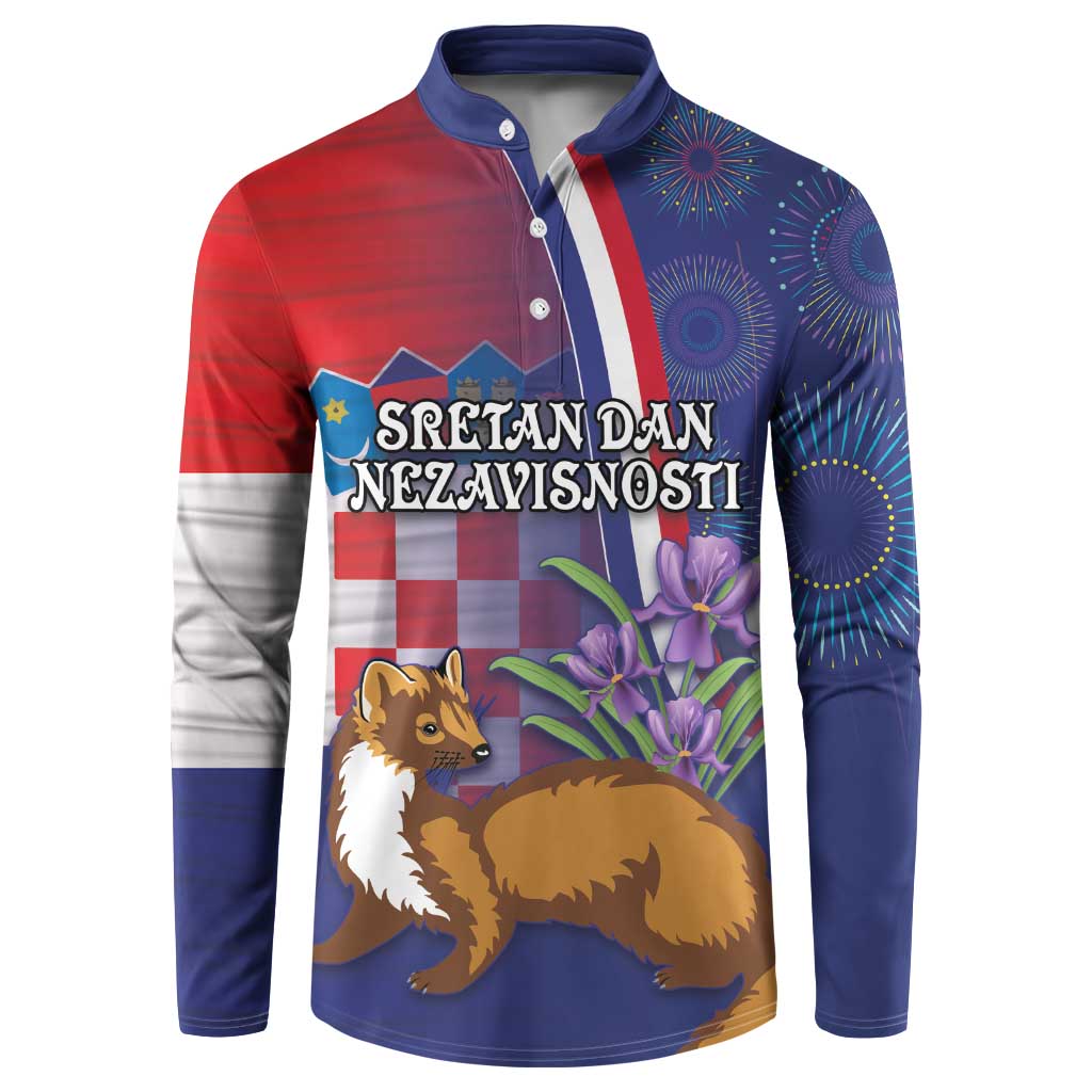 Croatia independence henley sweatshirt in blue, red, and white; button placket, dog print