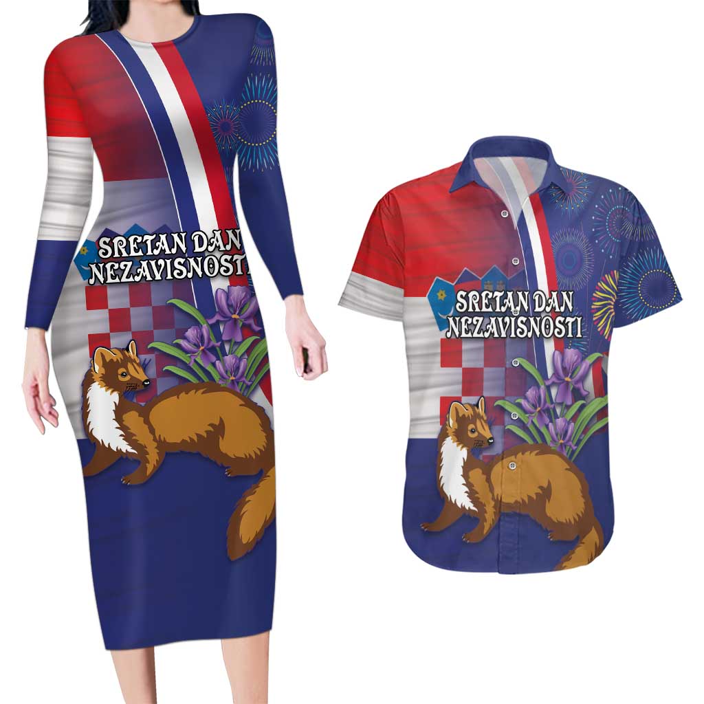 Personalised Croatia Independence Day Couples Matching Long Sleeve Bodycon Dress and Hawaiian Shirt Sretan Dan nezavisnosti With Kuna Zlatica and Perunika