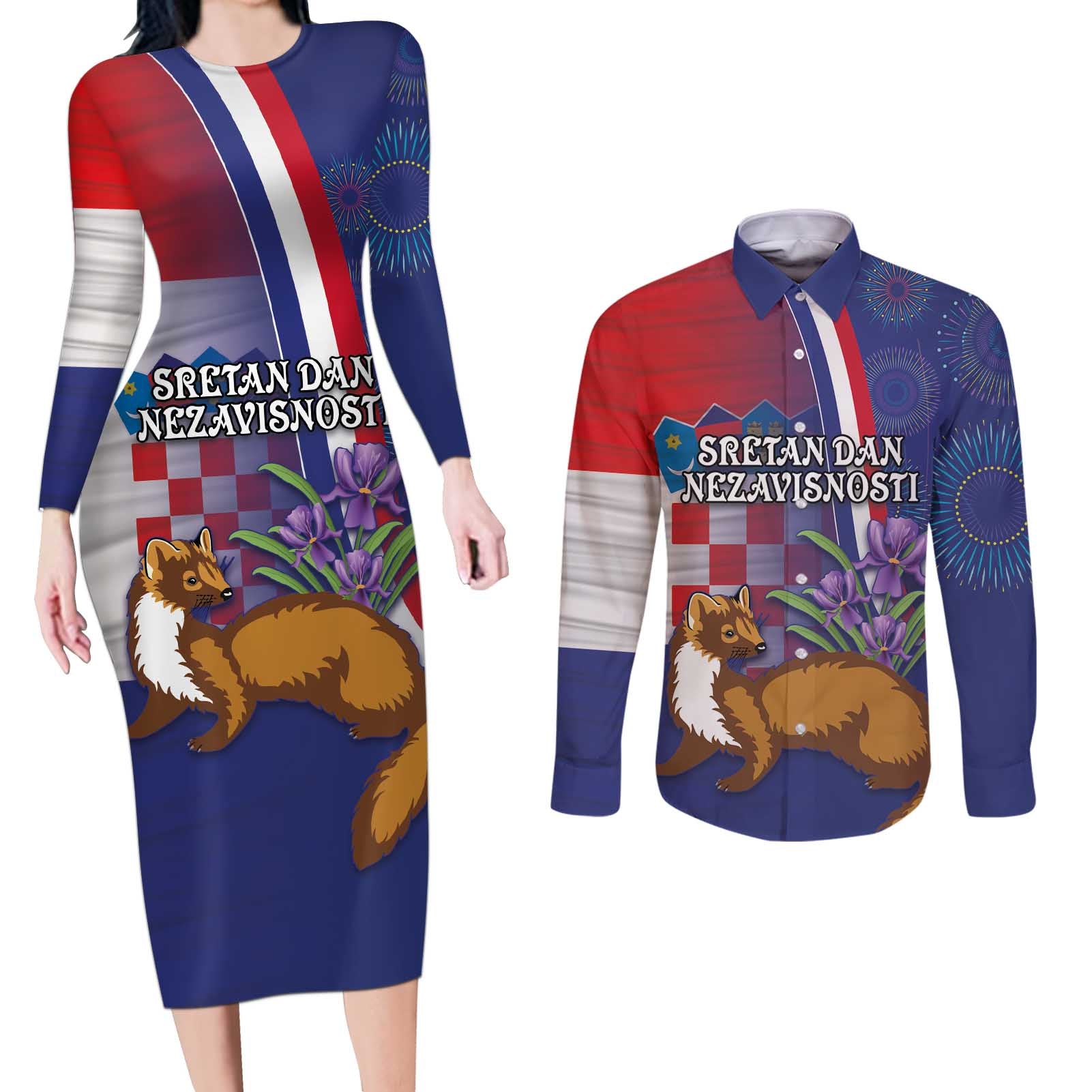 Personalised Croatia Independence Day Couples Matching Long Sleeve Bodycon Dress and Long Sleeve Button Shirt Sretan Dan nezavisnosti With Kuna Zlatica and Perunika