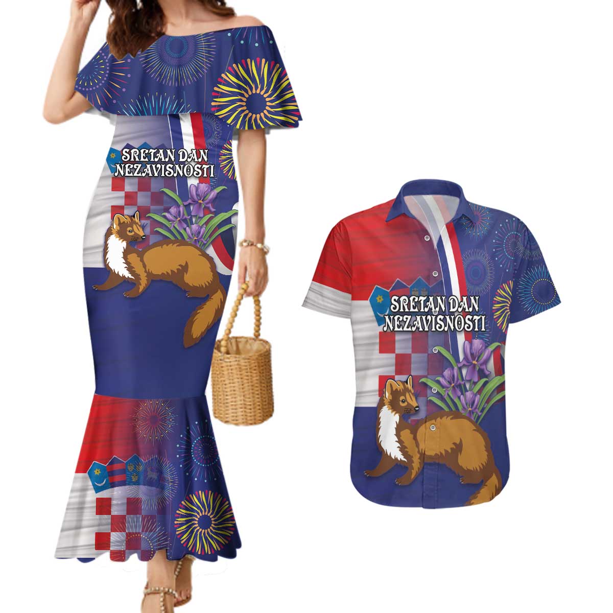 Personalised Croatia Independence Day Couples Matching Mermaid Dress and Hawaiian Shirt Sretan Dan nezavisnosti With Kuna Zlatica and Perunika