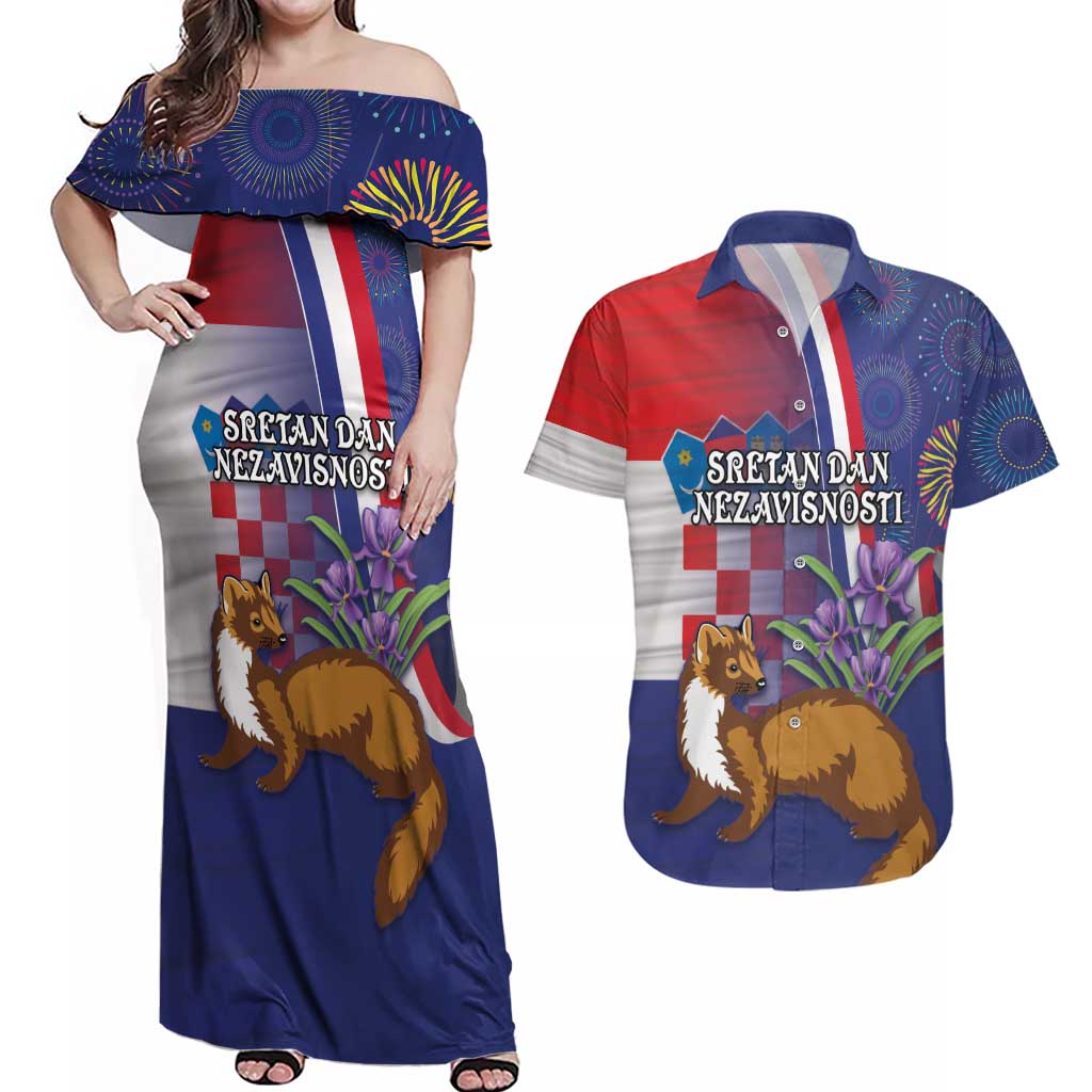 Personalised Croatia Independence Day Couples Matching Off Shoulder Maxi Dress and Hawaiian Shirt Sretan Dan nezavisnosti With Kuna Zlatica and Perunika