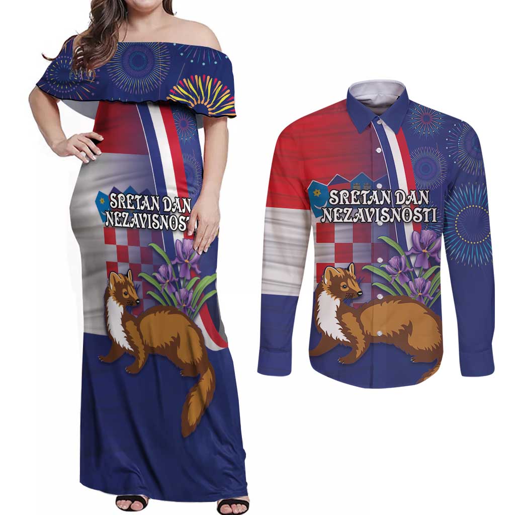 Personalised Croatia Independence Day Couples Matching Off Shoulder Maxi Dress and Long Sleeve Button Shirt Sretan Dan nezavisnosti With Kuna Zlatica and Perunika