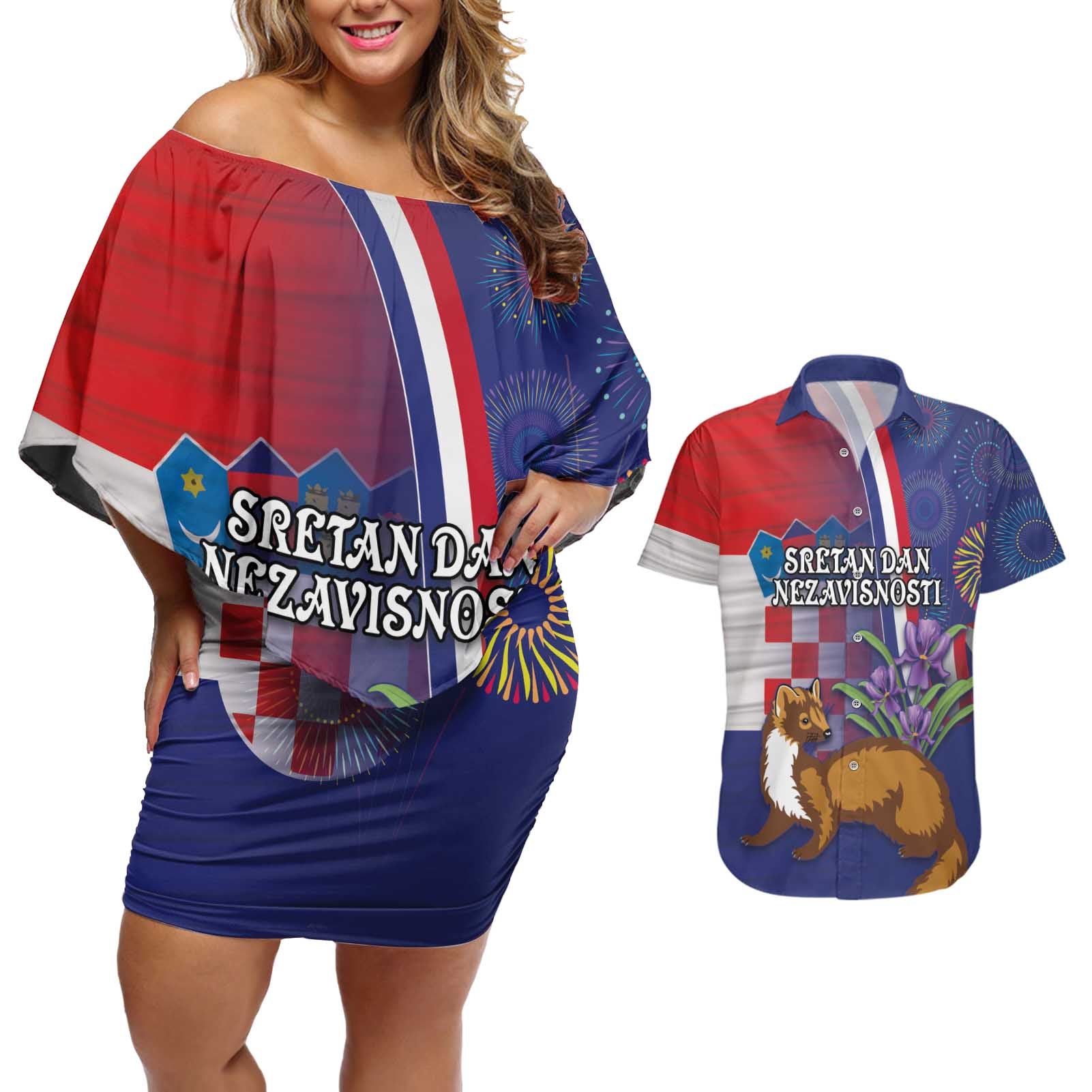 Personalised Croatia Independence Day Couples Matching Off Shoulder Short Dress and Hawaiian Shirt Sretan Dan nezavisnosti With Kuna Zlatica and Perunika