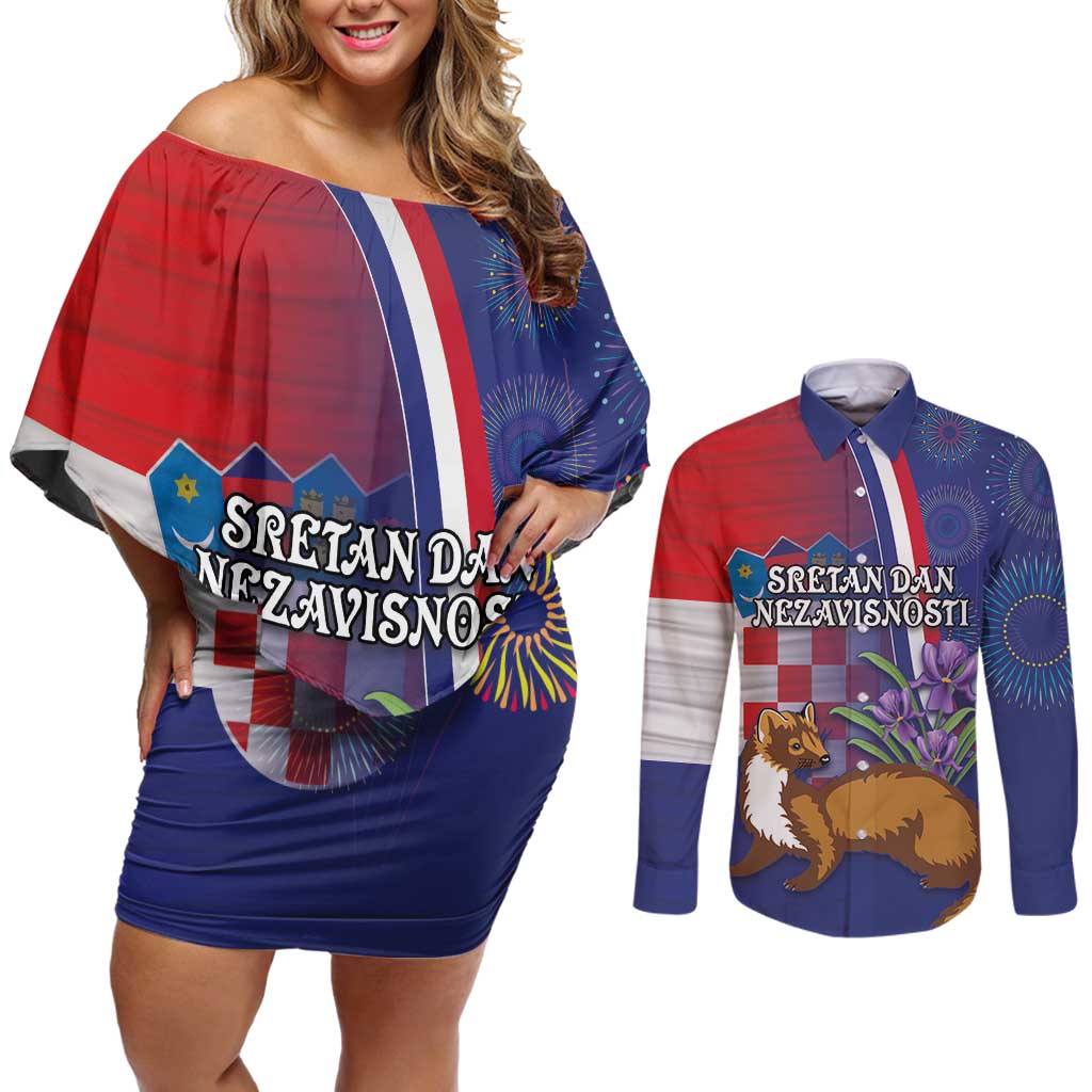 Personalised Croatia Independence Day Couples Matching Off Shoulder Short Dress and Long Sleeve Button Shirt Sretan Dan nezavisnosti With Kuna Zlatica and Perunika