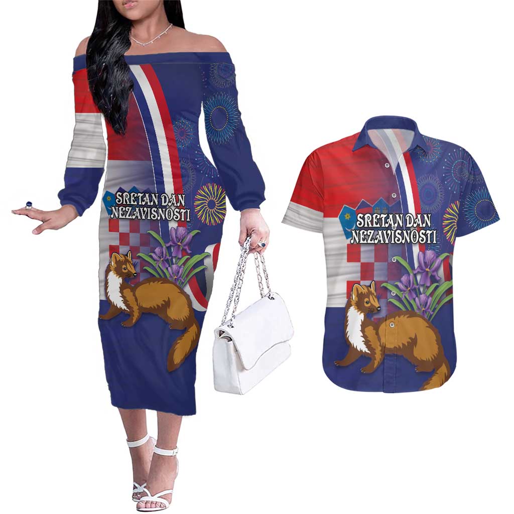 Personalised Croatia Independence Day Couples Matching Off The Shoulder Long Sleeve Dress and Hawaiian Shirt Sretan Dan nezavisnosti With Kuna Zlatica and Perunika