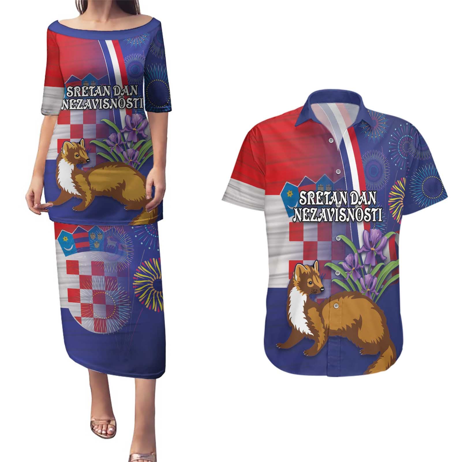 Personalised Croatia Independence Day Couples Matching Puletasi and Hawaiian Shirt Sretan Dan nezavisnosti With Kuna Zlatica and Perunika