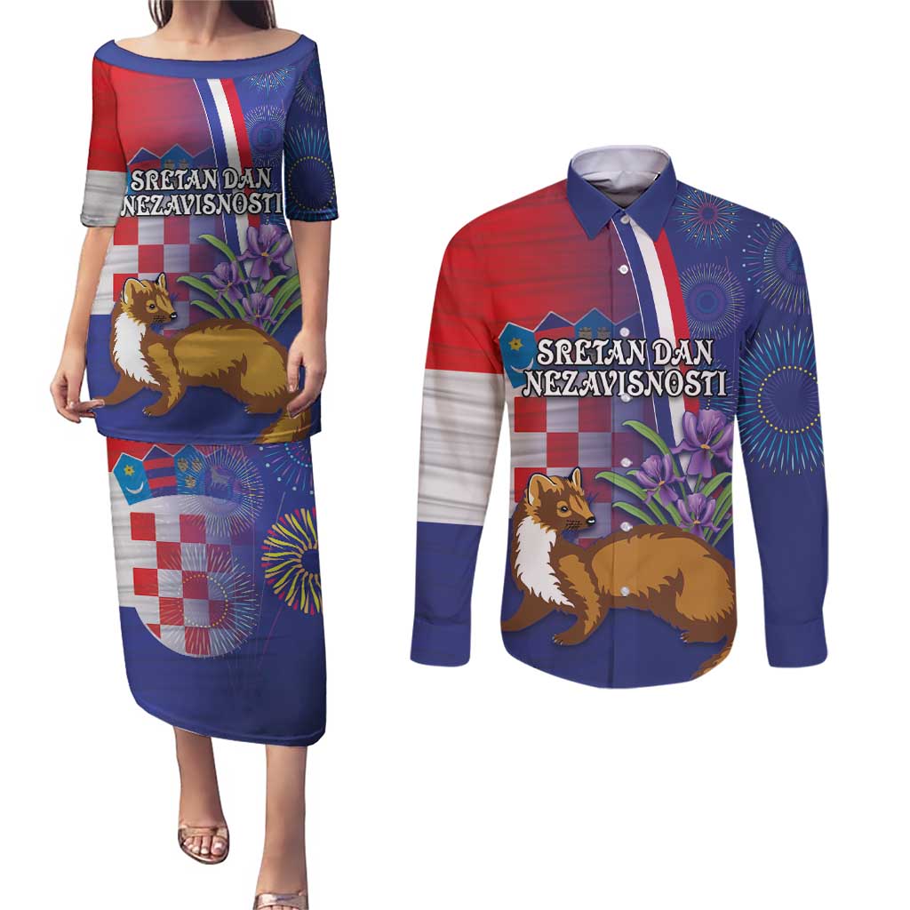 Personalised Croatia Independence Day Couples Matching Puletasi and Long Sleeve Button Shirt Sretan Dan nezavisnosti With Kuna Zlatica and Perunika