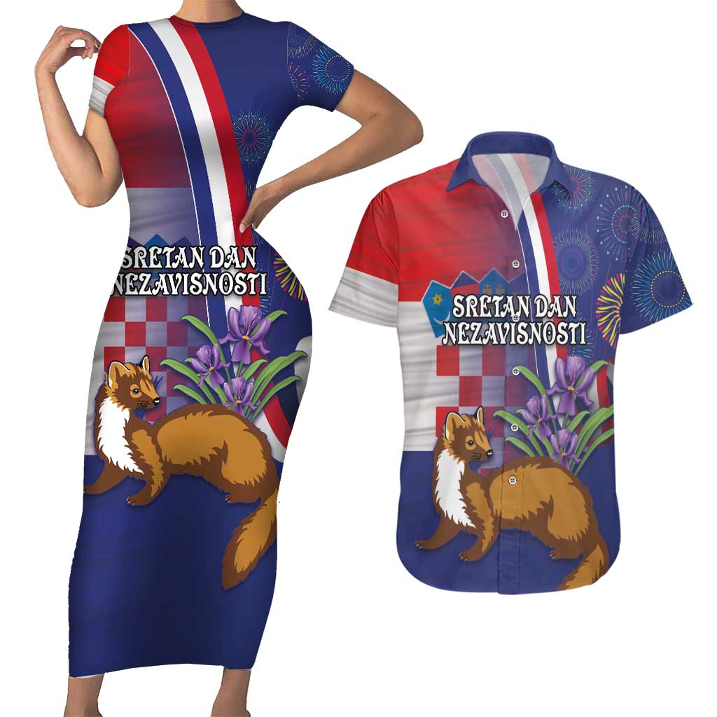 Personalised Croatia Independence Day Couples Matching Short Sleeve Bodycon Dress and Hawaiian Shirt Sretan Dan nezavisnosti With Kuna Zlatica and Perunika