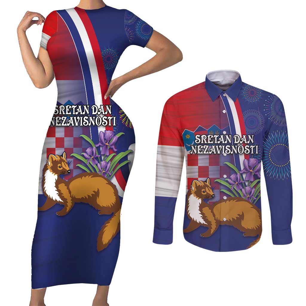 Personalised Croatia Independence Day Couples Matching Short Sleeve Bodycon Dress and Long Sleeve Button Shirt Sretan Dan nezavisnosti With Kuna Zlatica and Perunika